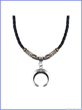 Vintage Crescent Moon Pendant Necklace Braided Leather Cord Tribal Beads